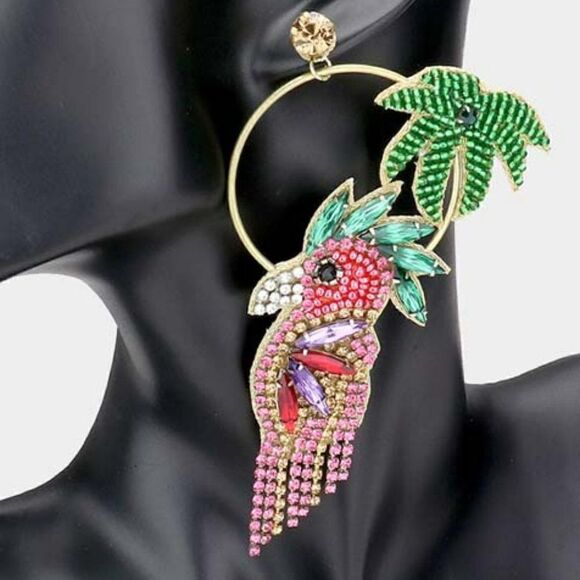 Parrot Open Metal Circle Palm Tree Dangle Earrings - Picture 2 of 7